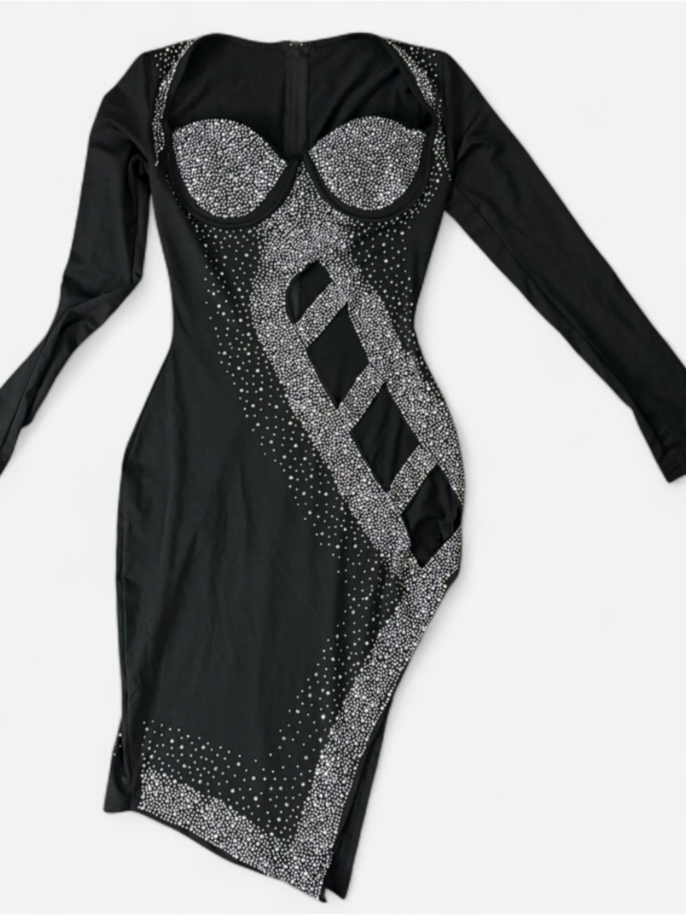 Black Long-Sleeve Rhinestone Cutout Bodycon Midi Dress